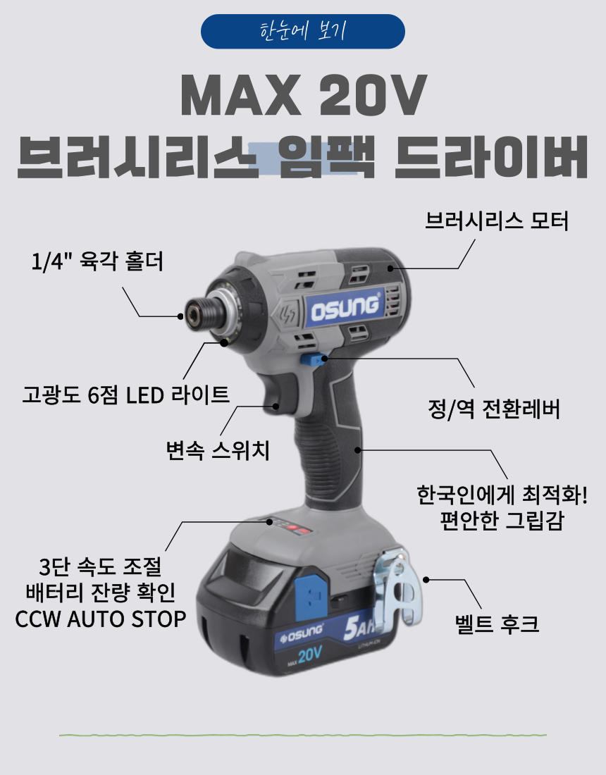 오성 MAX 20V 임팩 드라이버 OCW-2053HL 50S [1 BAT] + OMC-2030D + PLASTIC BOX