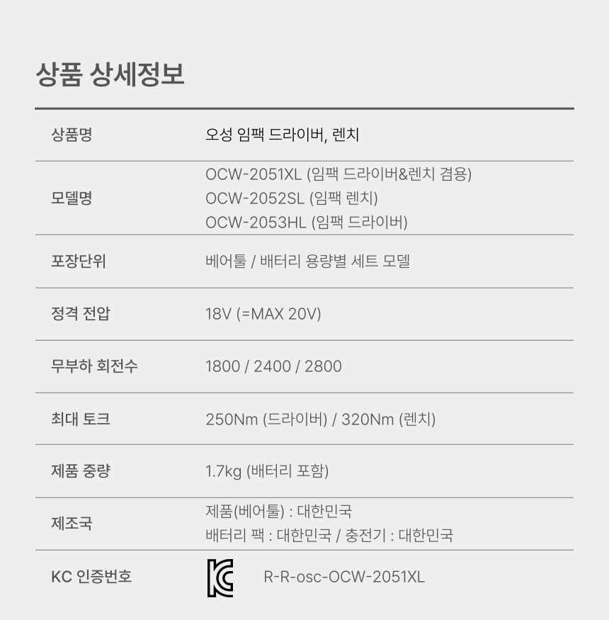 오성 MAX 20V 임팩 드라이버,렌치 겸용 B2051XL BARE TOOL